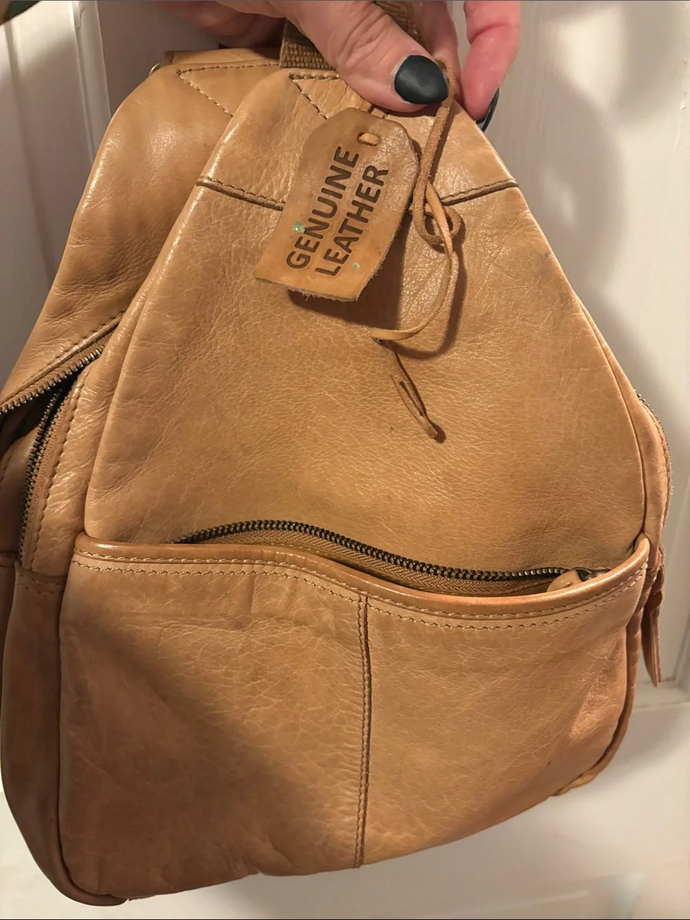 Light Brown Leather Backpack Sling Bag - Picture 6 of 6